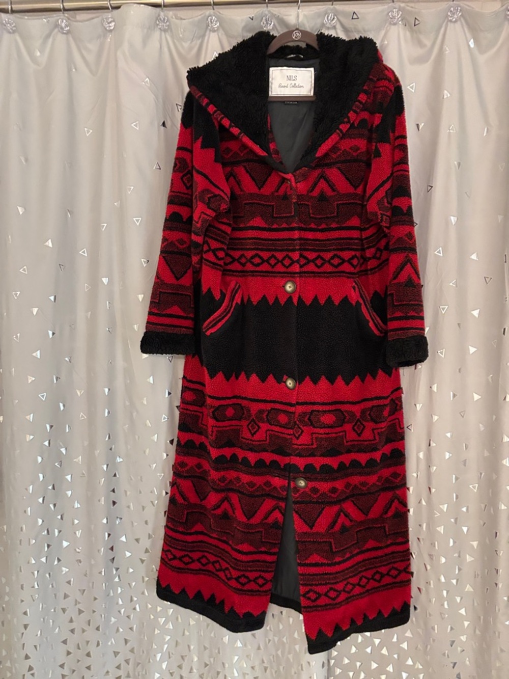 Cozy Hooded Maxi Coat in Red and Black
